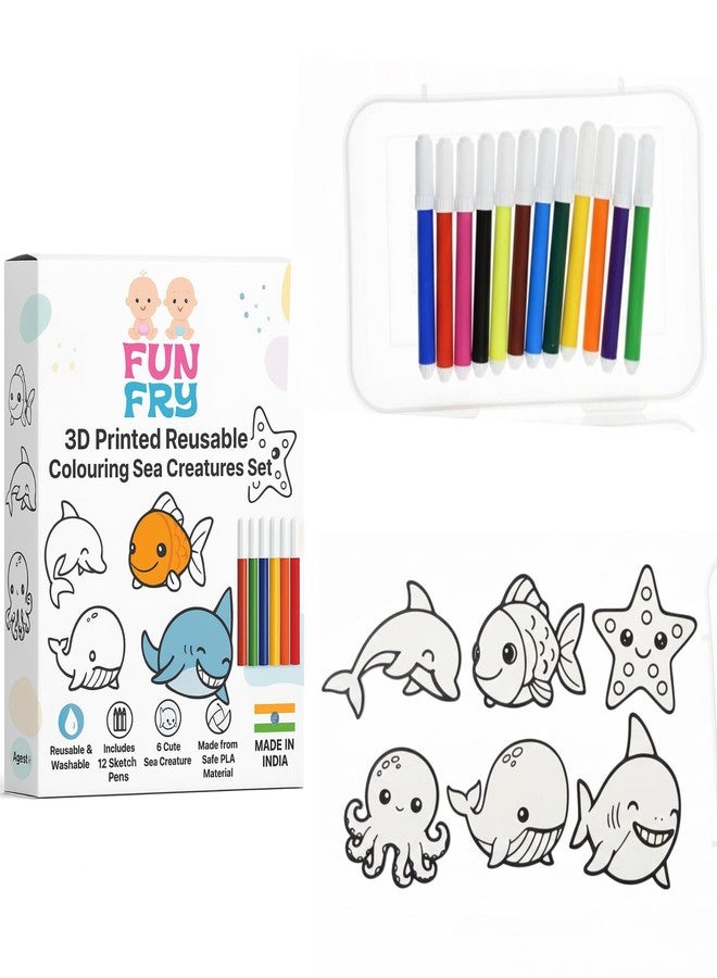 Fun Fry Reusable Coloring Kit for Kids - 12 Sketch Pens | Wipe & Reuse Colouring Sheets | Educational Activity Kit for Age 3-8 | Travel Friendly Learning Toy | Birthday Return Gift for Kids (OCEAN ANIMALS- starfish, octopus, hippo, dolphine, fish, whale) - Image 2